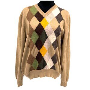 Marco Fiori Wool Argyle Sweater Mens XL Beige Green‎ Italy Dark Academia Preppy